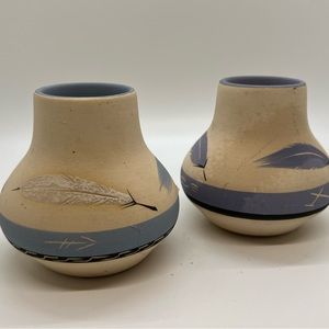 2 Blue Feather Pottery Vases 1997